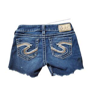 Silver Jeans Tuesday Slim Bootcut Shorts‎ Cut-off Denim Upcycled Embroidered 24